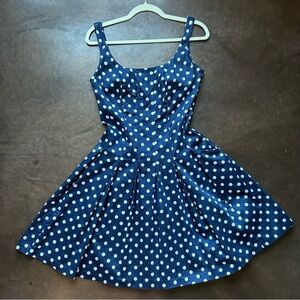 Vintage LRL- navy dropped waist box pleated fit + flare polka dot dress- size 6